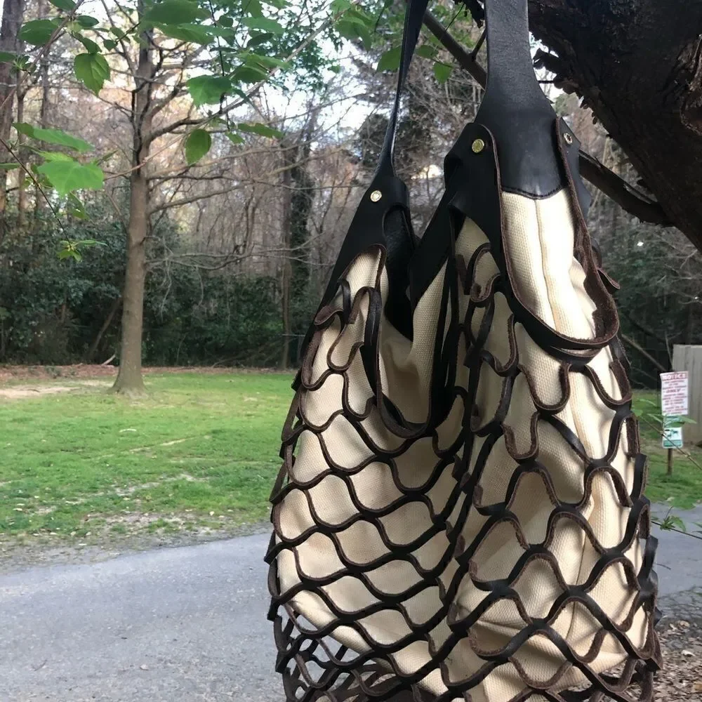 BCBG MAX AZRIA New Leather/ Linen-Fishnet Tote